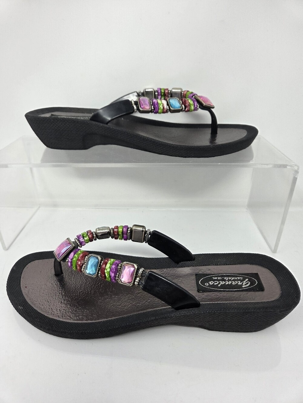 Grandco Jeweled Flip Flop Wedge Sandals Multicolor Womens 8 Resortwear Boho